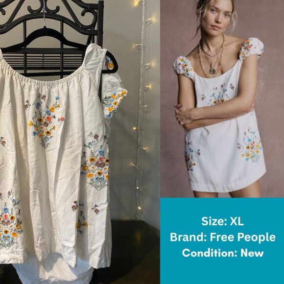 Free People Dresses & Skirts - Sz XL Free People White Wildflower Embroidered Mini Dress - Excellent Condition!